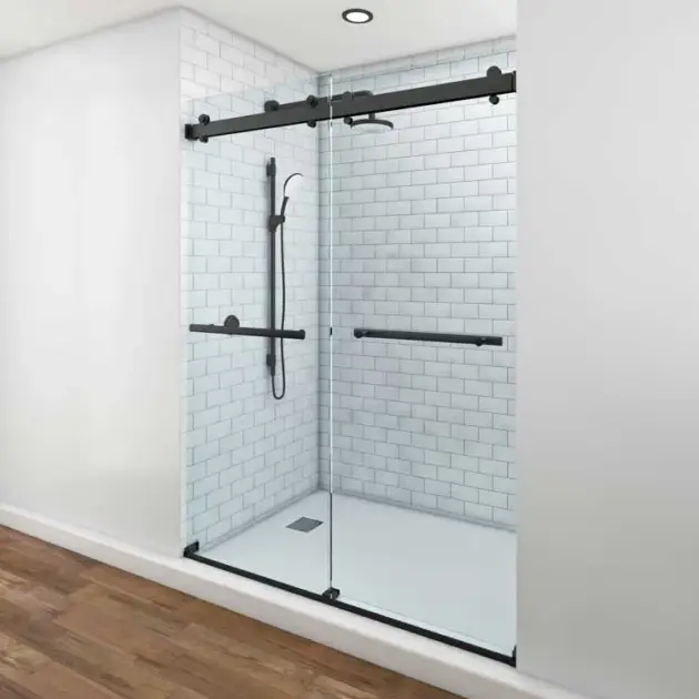 Close-up view of the matte black hardware for the Capital Sliding Shower Door.