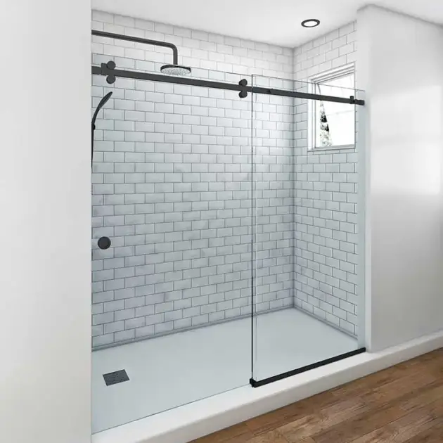 CELESTIAL sliding shower door with matte black hardware in a bathroom featuring white subway tiles and natural light.