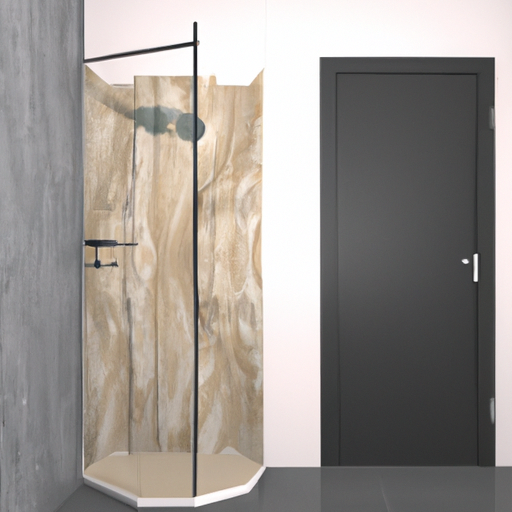 A sleek and modern shower door in a contemporary bathroom setting.