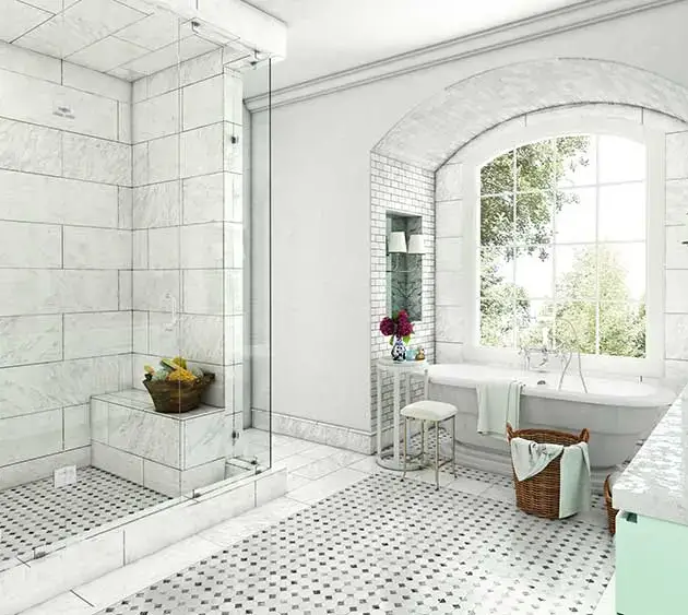 Frameless shower enclosure with clear glass panels in a luxurious modern bathroom featuring marble tiles and a soaking tub near a large window.