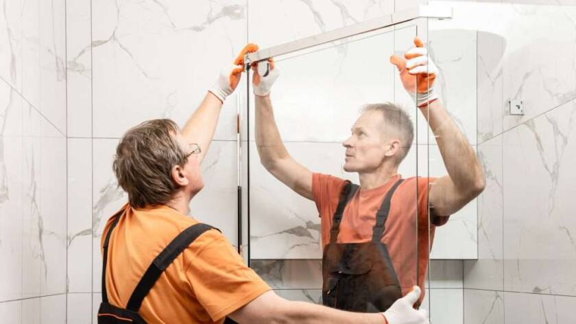 Two professional installers aligning a sliding shower door during the installation process in a tiled bathroom.