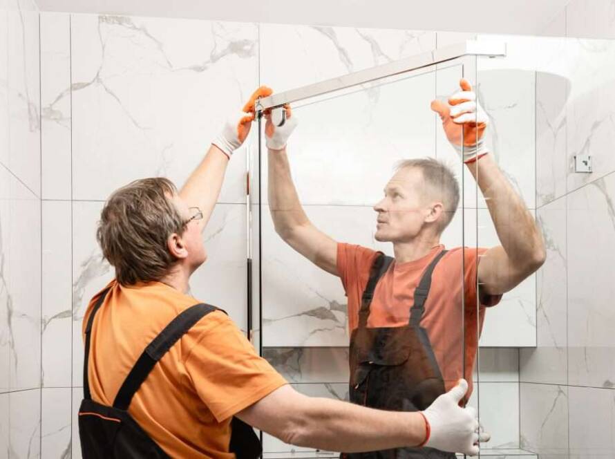 Two professional installers aligning a sliding shower door during the installation process in a tiled bathroom.