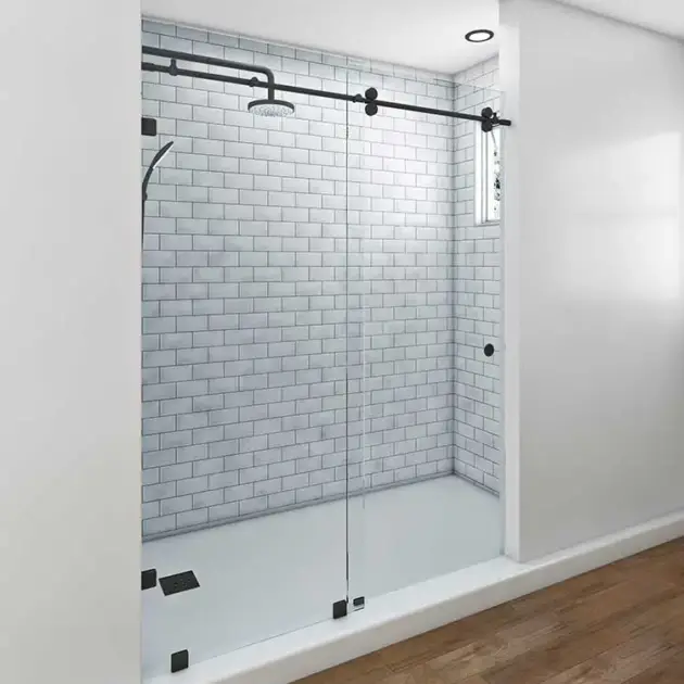 Skyline Sliding Shower Door featuring Matte Black Hardware and minimalist glass panels in a bright modern bathroom.