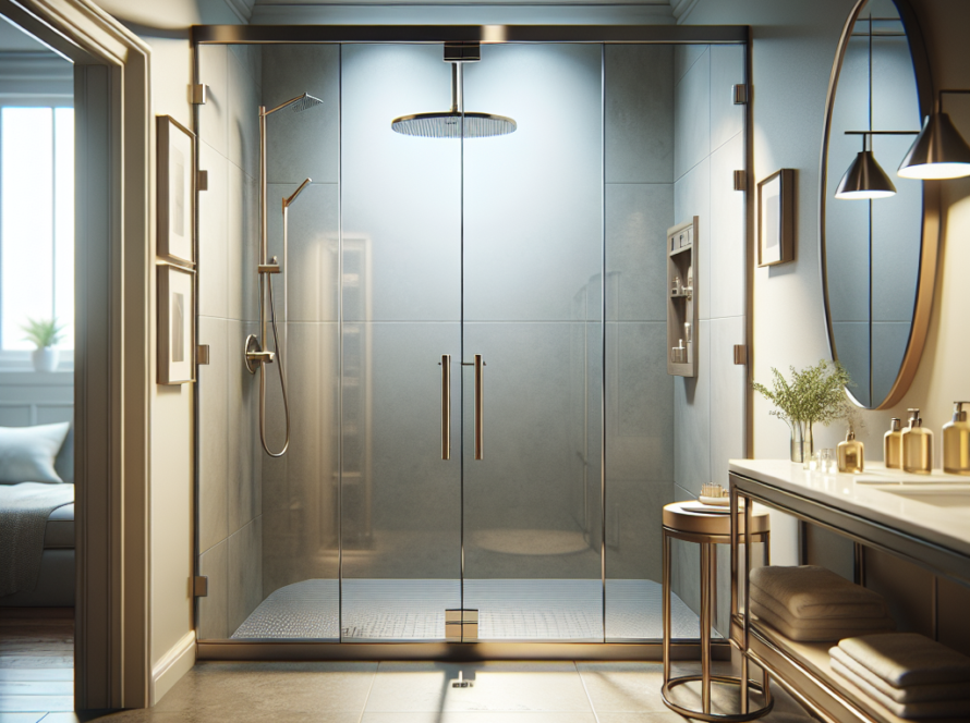 Modern sliding shower doors of brushed nickel exuding sophisticated elegance.