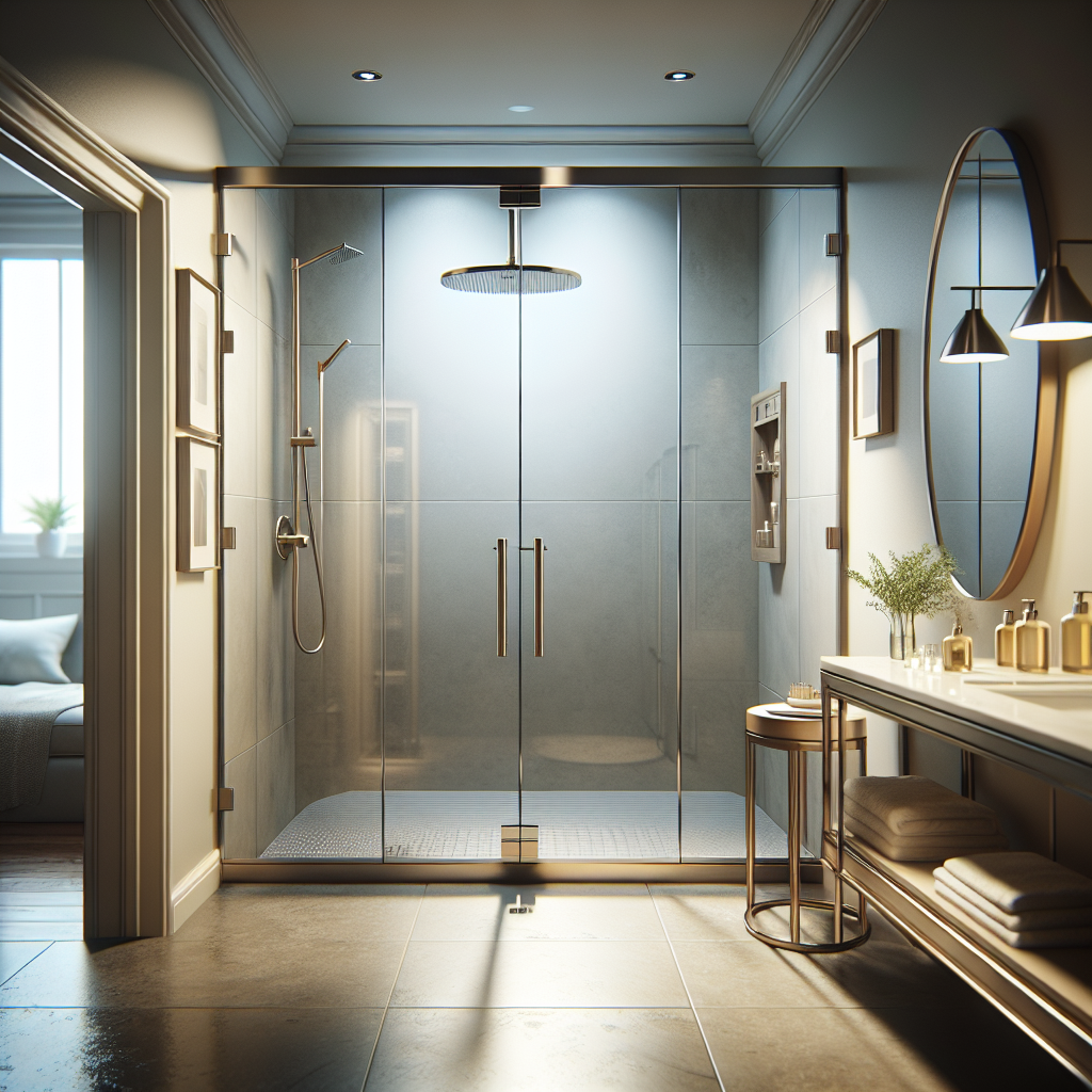 Modern sliding shower doors of brushed nickel exuding sophisticated elegance.