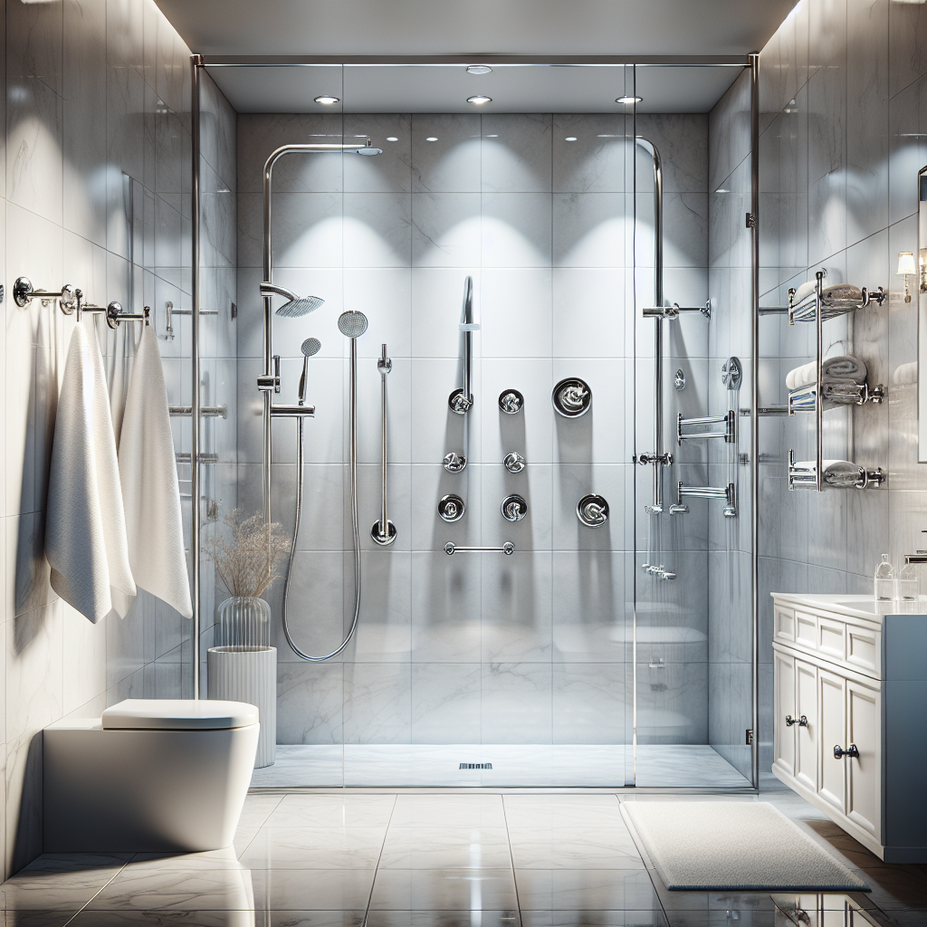 Shiny chrome bathroom fixtures installed in a modern bathroom.