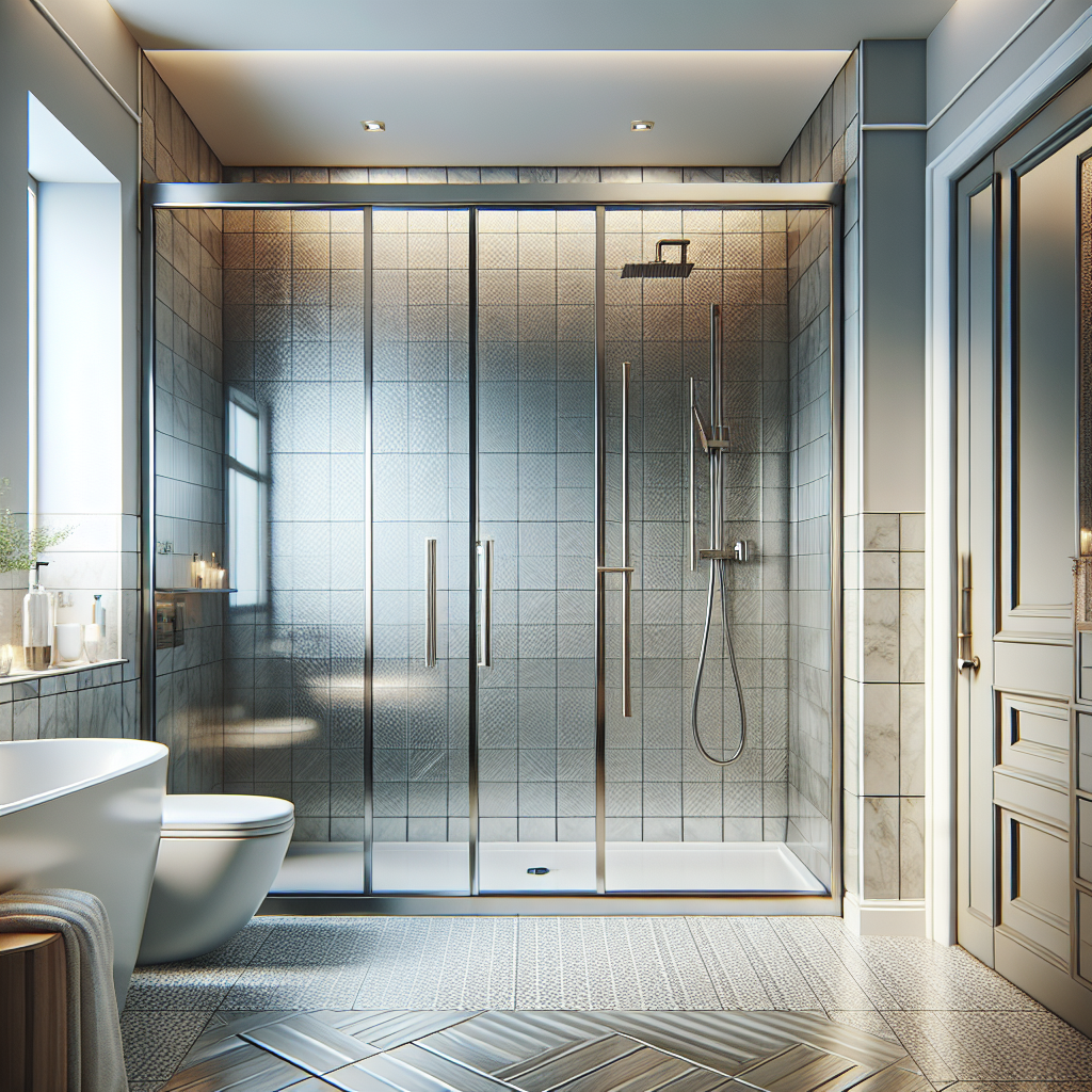 A modern, sliding shower door with brushed nickel hardware, enhancing bathroom aesthetics.