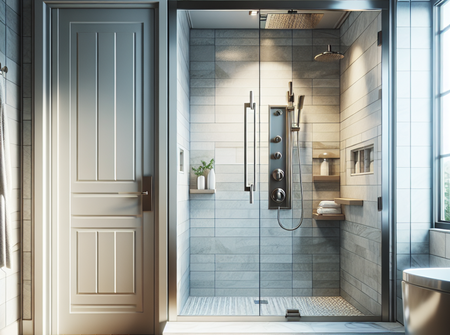 Stylish and modern sliding shower door embellished with brushed nickel hardware, a contemporary addition to upgrade your bathroom.