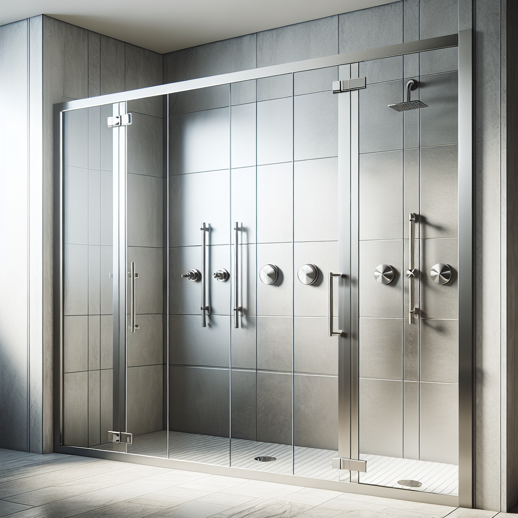 Shower doors with brushed nickel hardware displaying elegant aesthetic appeal.