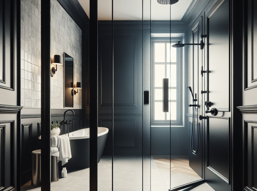 Matte black classic swing shower doors, representing a unique mixture of modern and contemporary design.