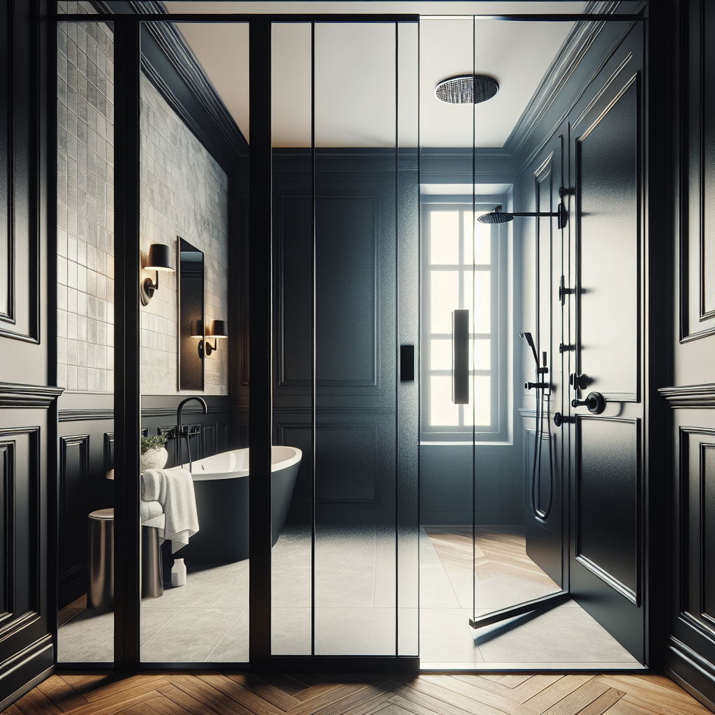 Matte black classic swing shower doors, representing a unique mixture of modern and contemporary design.