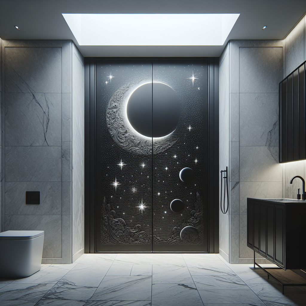 A sophisticated matte black celestial shower door displaying an astounding elegance.