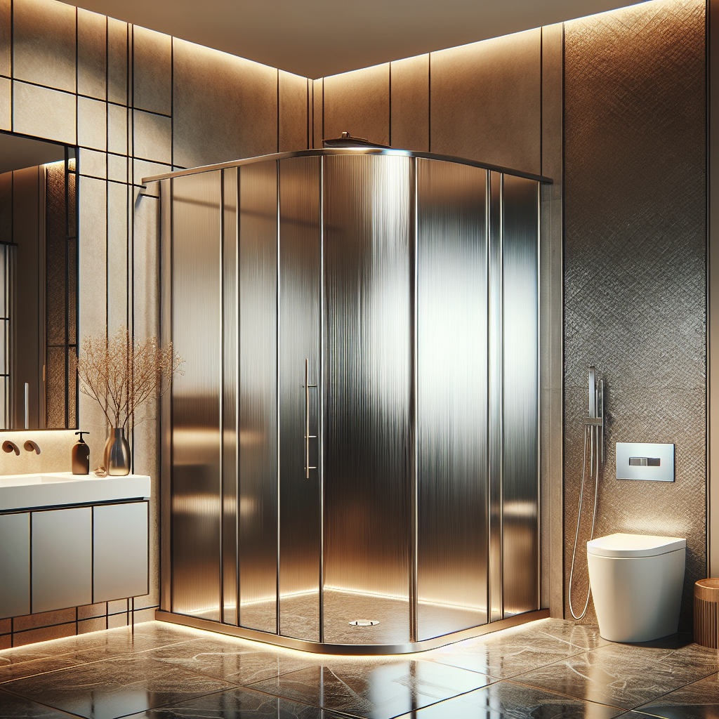 Luxurious brushed nickel shower doors exhibiting sleek and elegant design. 