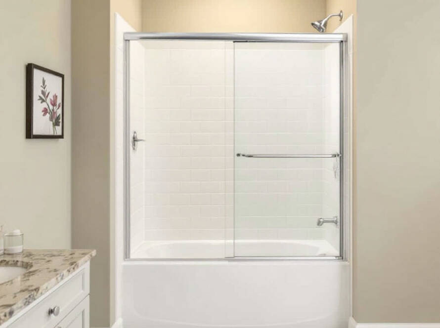 A modern contemporary design bathtub shower door in a newly installed condition.