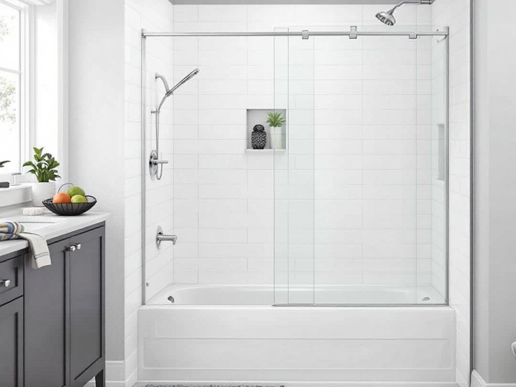 A guide detailing step by step setup of a bathtub shower door.