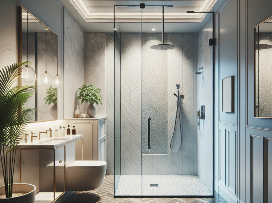 A pristine, contemporary styled bathroom featuring a newly installed, custom shower door