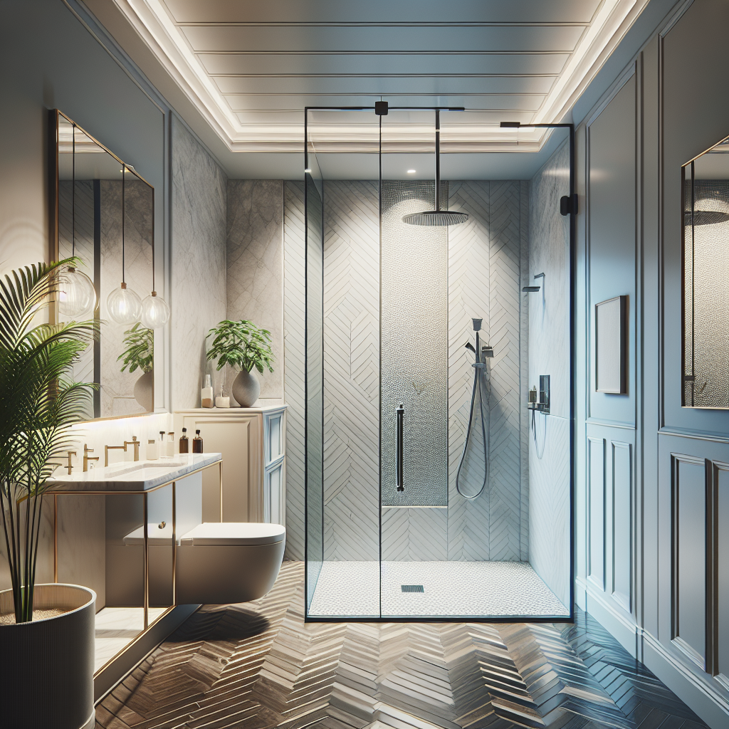 A pristine, contemporary styled bathroom featuring a newly installed, custom shower door