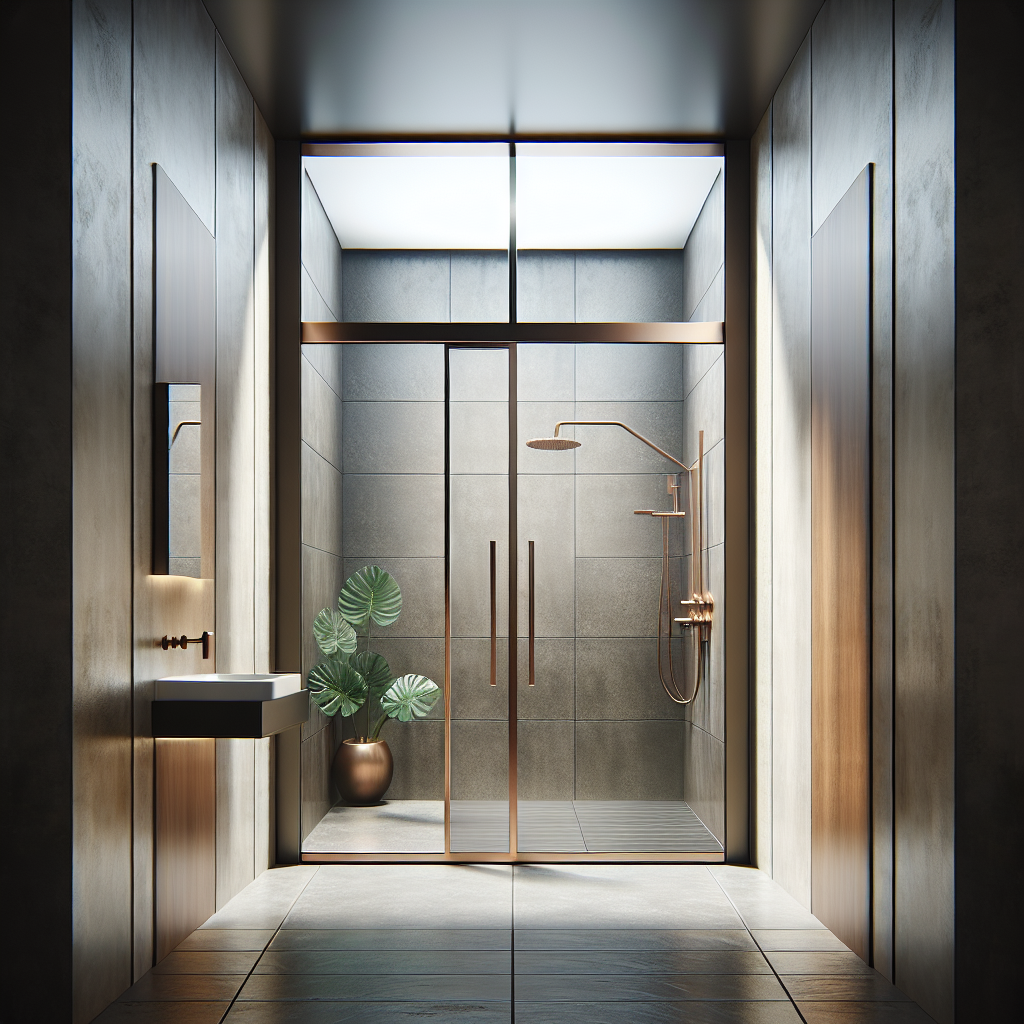 Luxurious bronze finish sliding shower doors adding a modern, contemporary touch to a bathroom.