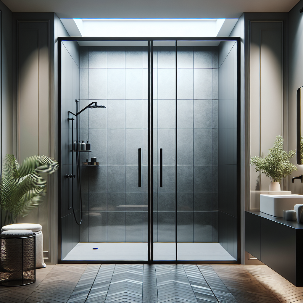 Sleek matte black European-style sliding shower doors in a revamped bathroom.