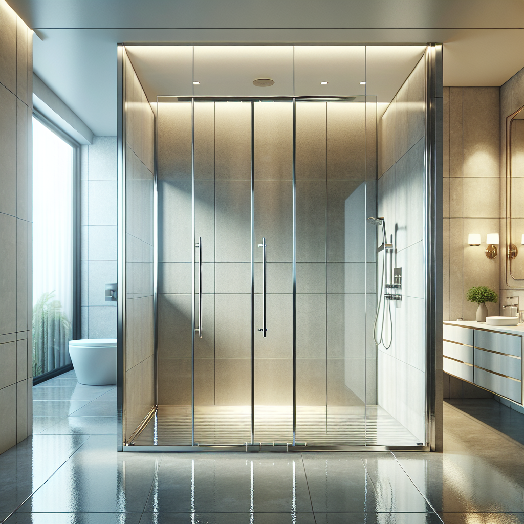 Sleek and modern bathroom remodel featuring chrome sliding shower doors.