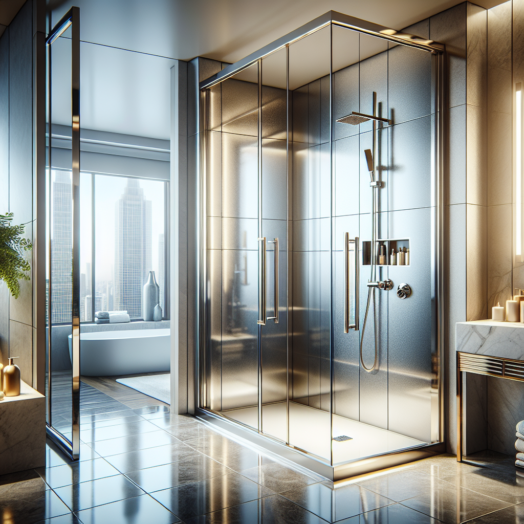 Image displaying the modern and contemporary design of the luxurious Polished Stainless Skyline Sliding Shower Door, new.