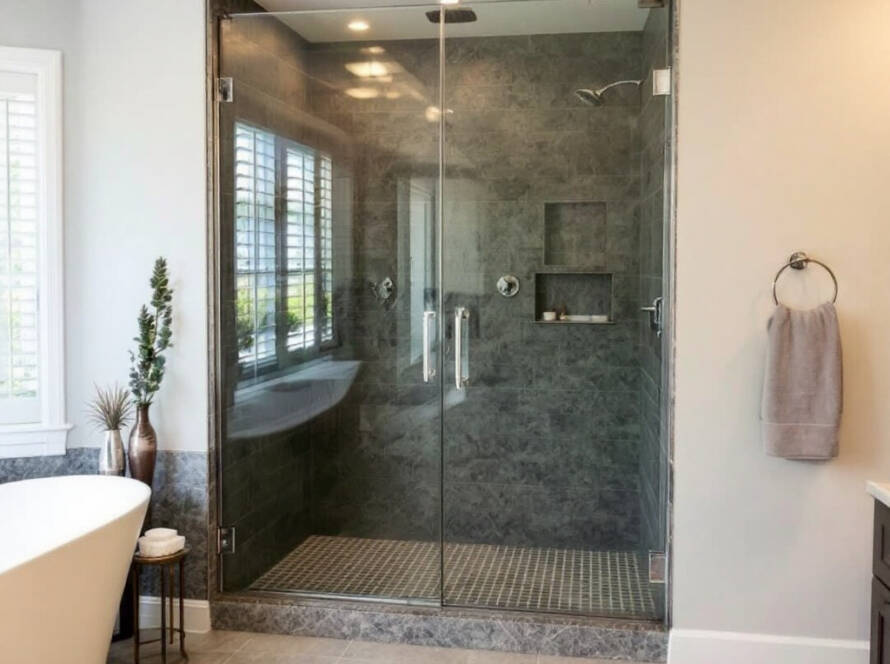 An expertly installed, contemporary shower door in Chelsea, MA showcasing modern design.