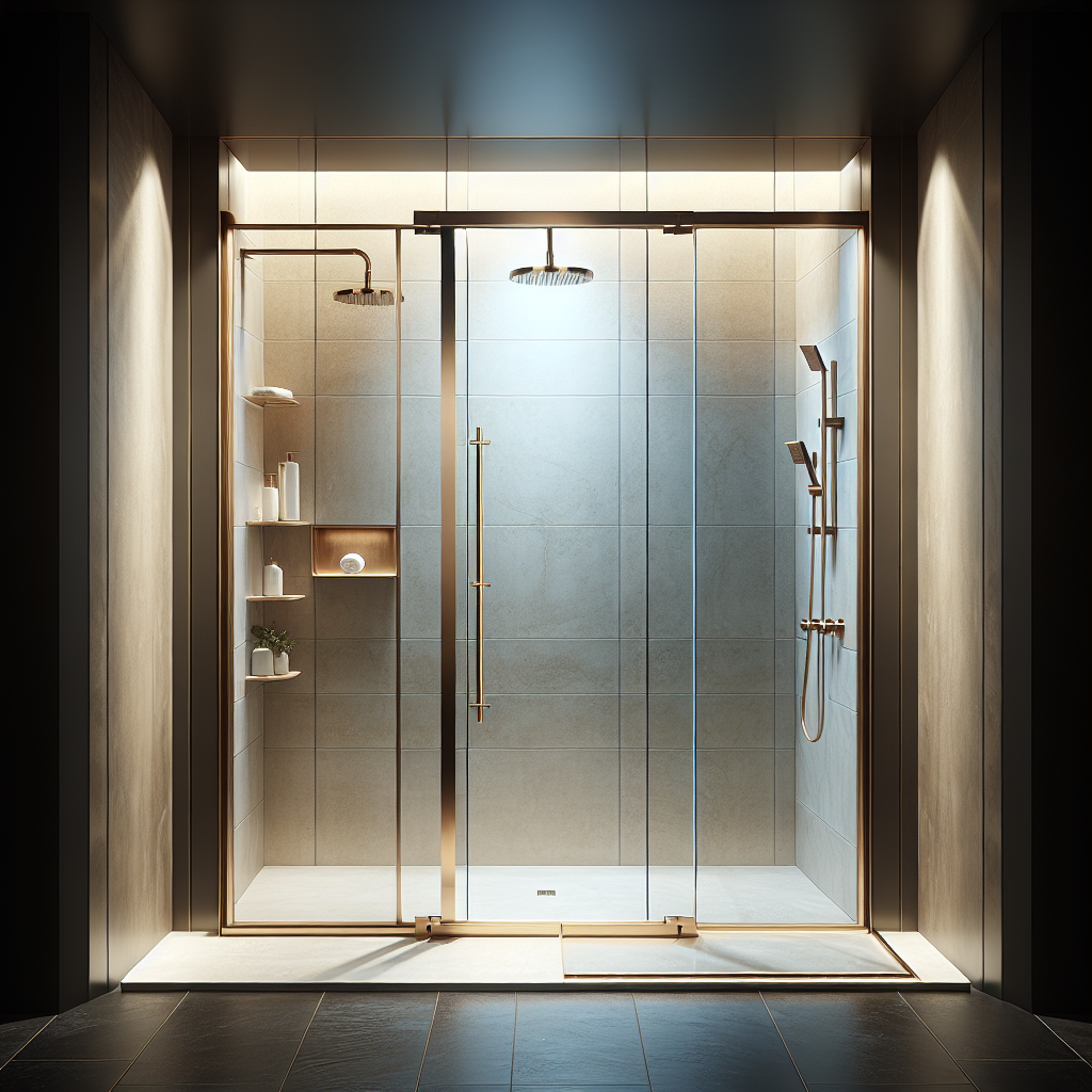 Luxurious champagne bronze Empire sliding shower door in an elegantly designed bathroom.