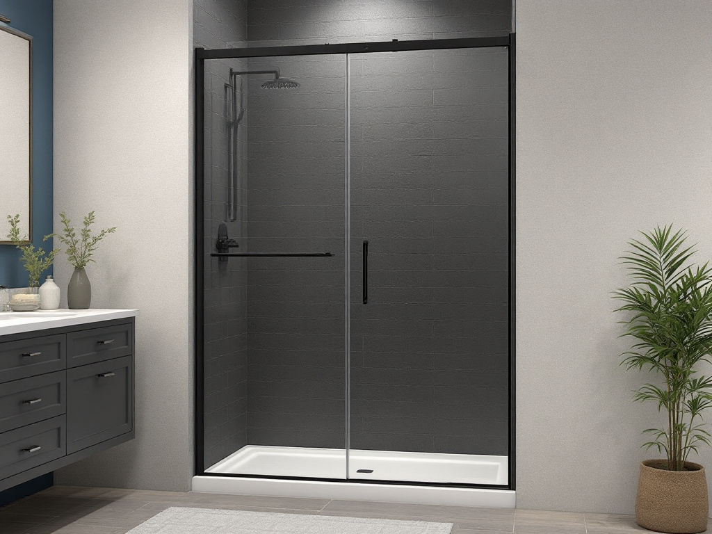 Matte black swing shower doors with a modern contemporary design.