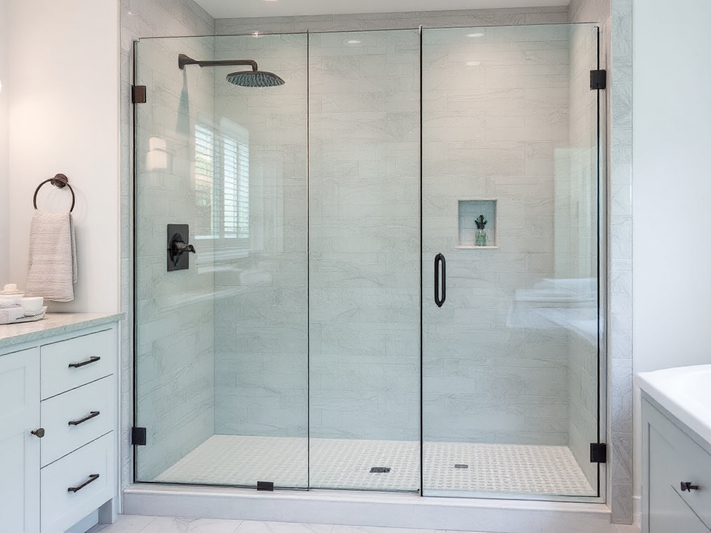 Elegant, matte black swing shower doors offering a modern yet classic touch to a bathroom interior.