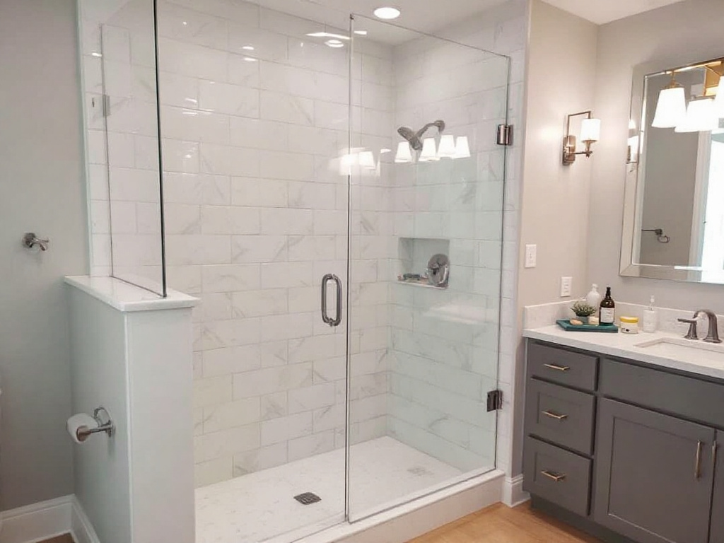 A perfectly installed custom frameless glass shower door in Revere, MA illustrating the highest degree of excellence.