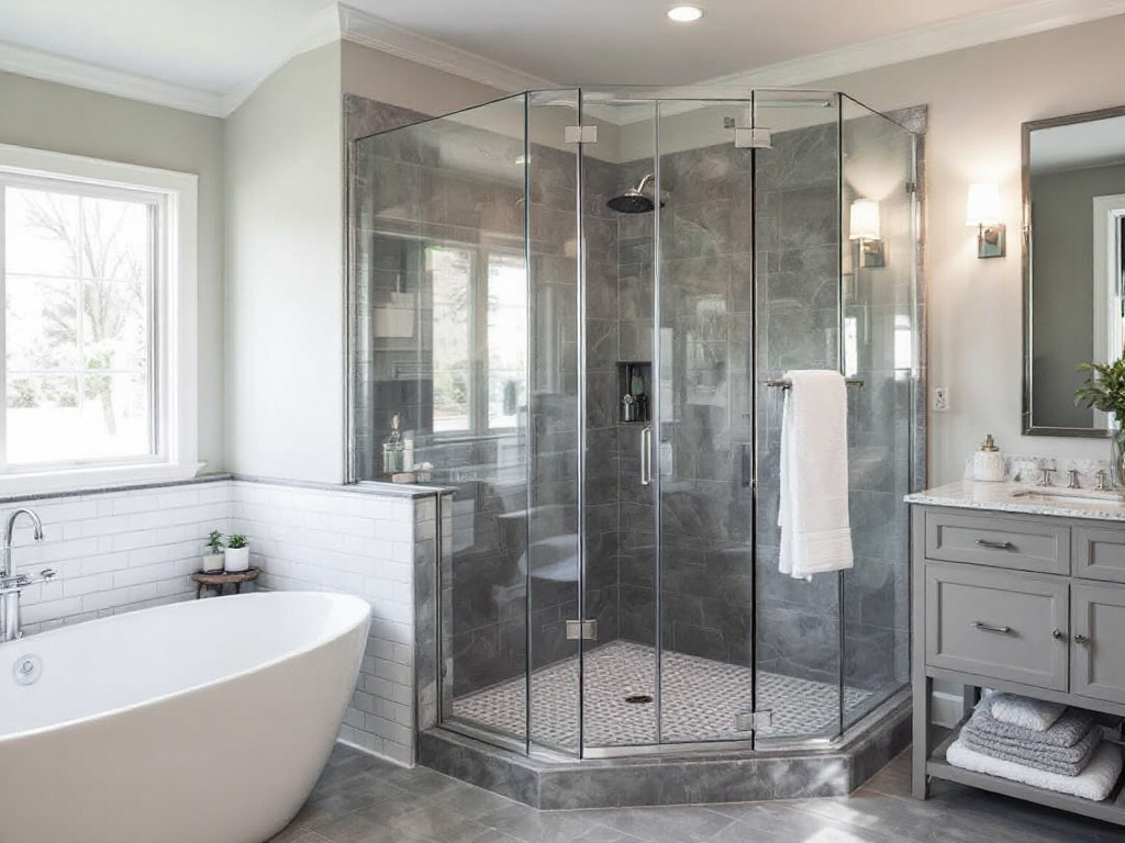 Alt Text: Stylish custom shower door design bringing a modern touch to a newly renovated Boston bathroom.