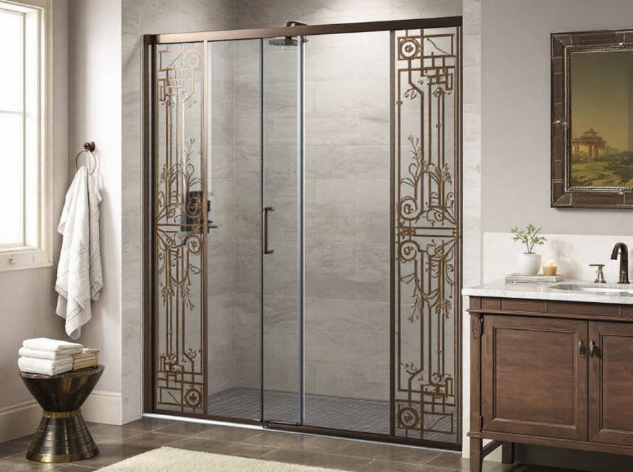 Alt Text: Elegant Roman Bronze TruFit Shower Doors displaying modern, new, and contemporary design.