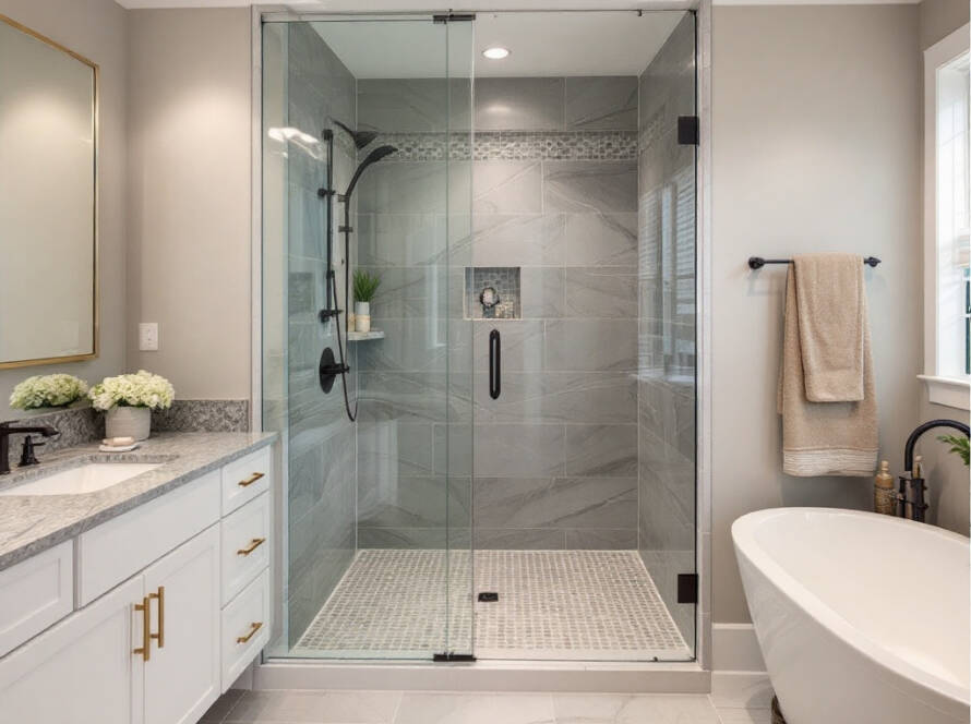 Skilled experts installing a modern sliding shower door in a contemporary designed bathroom near Boston MA.