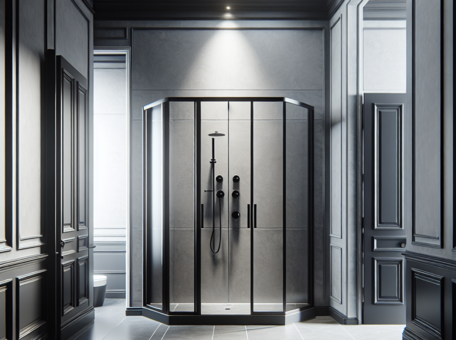 A modern shower with classic matte black swing doors showing a touch of elegance.