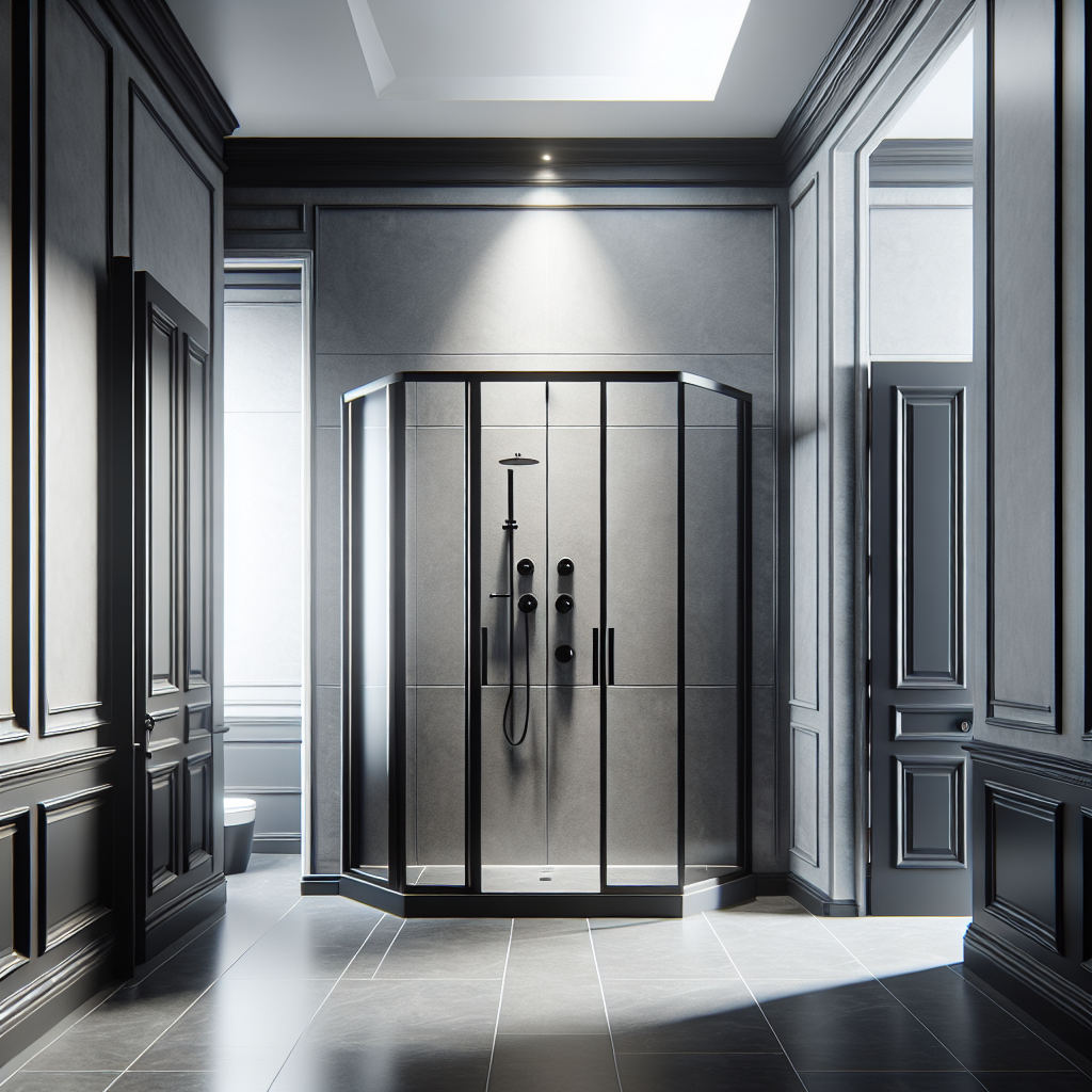 A modern shower with classic matte black swing doors showing a touch of elegance.