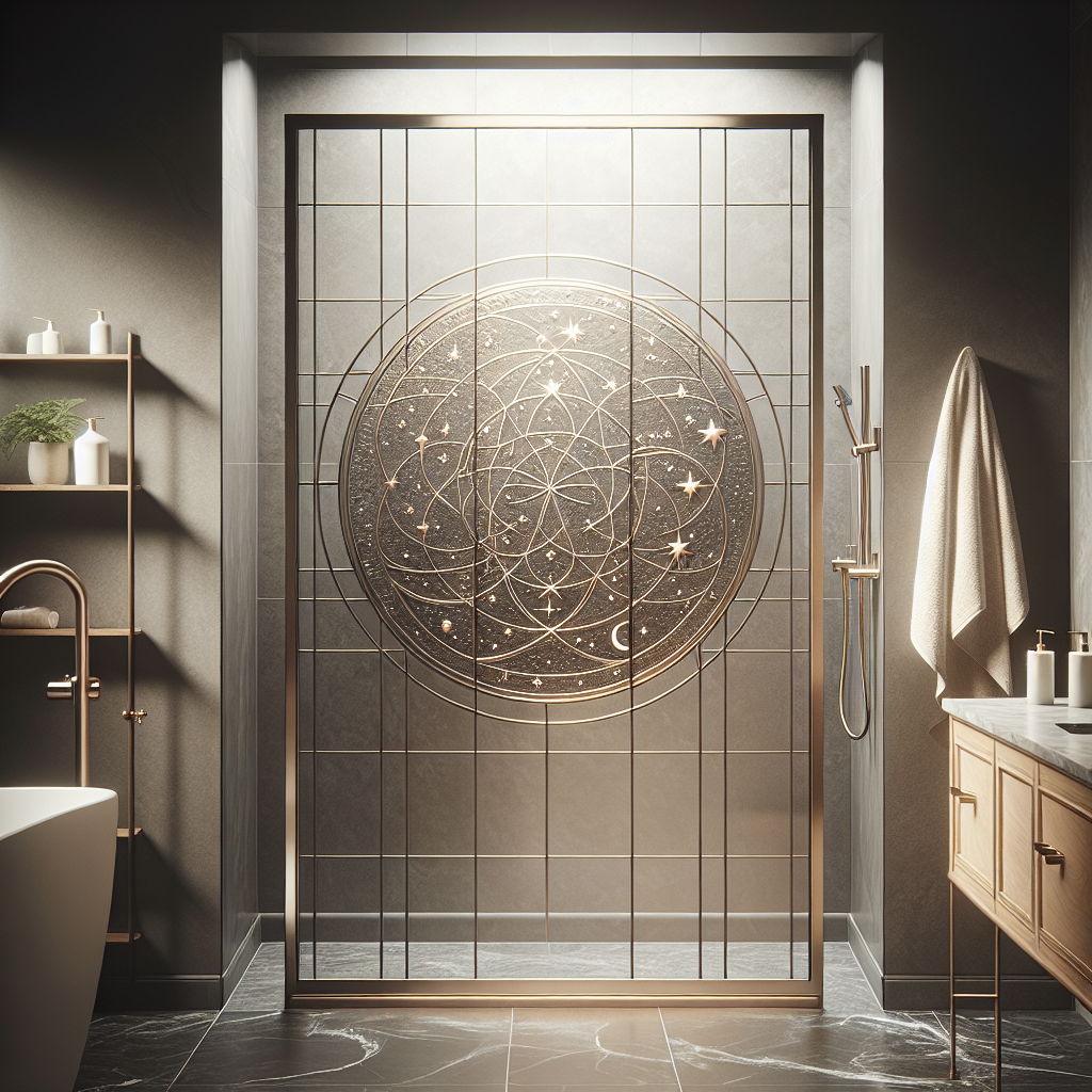 Luxurious nickel-finished celestial shower door radiating charm and elegance.