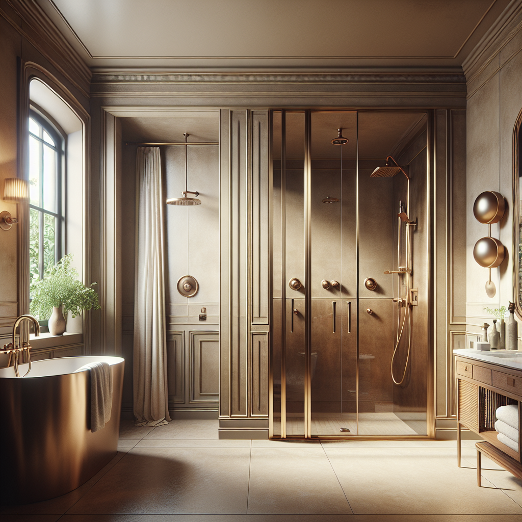 Bronze finish sliding shower doors enriching the overall bathroom appearance.