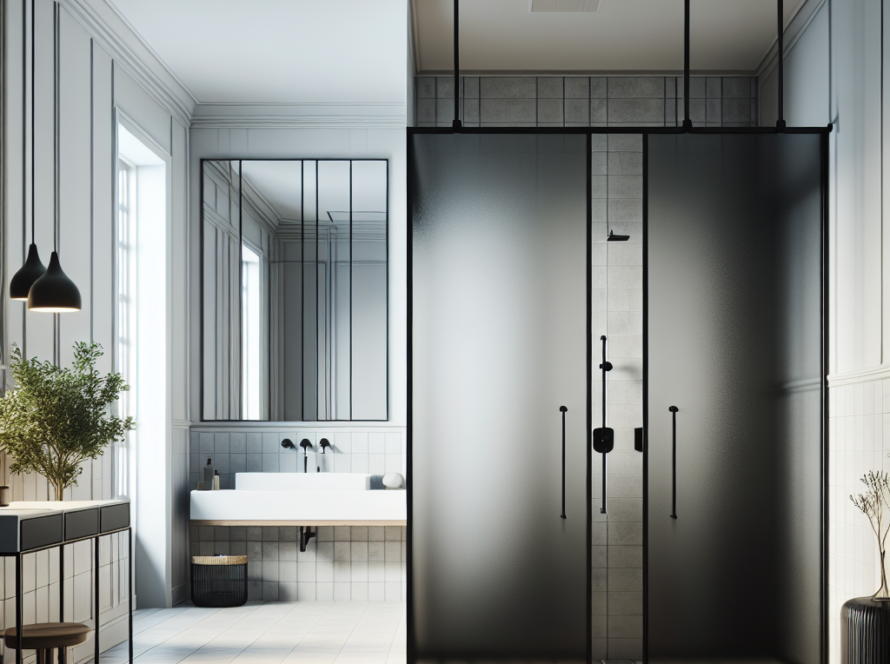 Modern and luxurious matte black uptown shower doors redefining bath space.