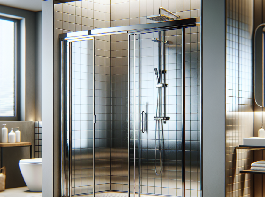 Traditional sliding shower doors made of chrome illustrating a modern and contemporary design.