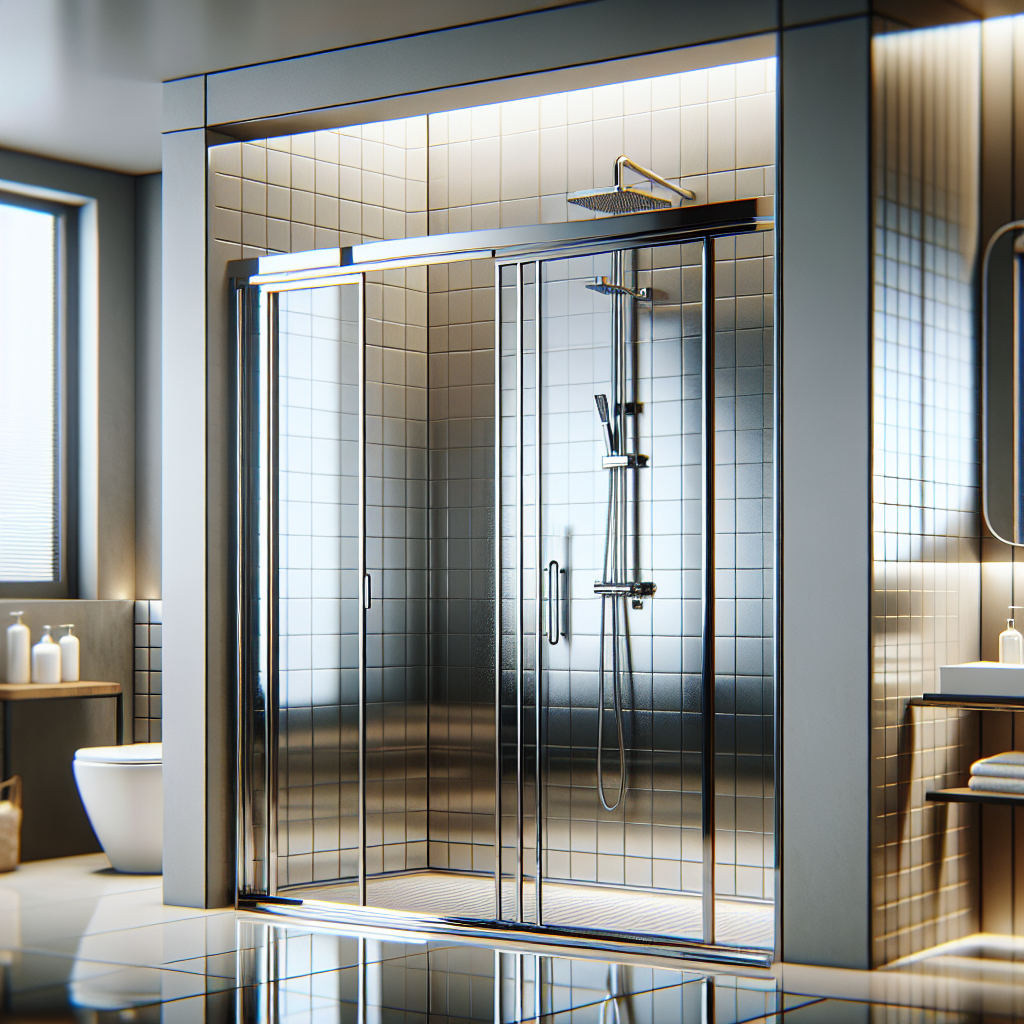 Traditional sliding shower doors made of chrome illustrating a modern and contemporary design.