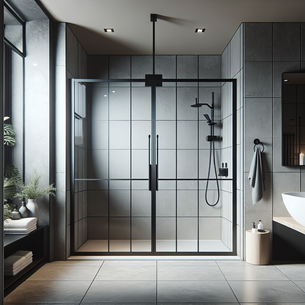 Alternative text: Matte black sliding shower doors giving off an aura of sophisticated elegance.