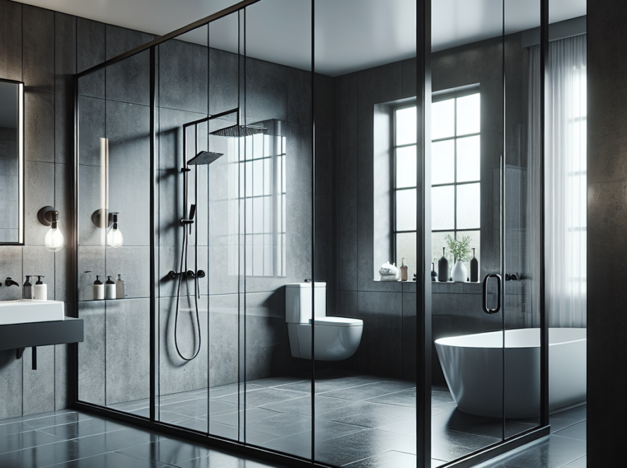 A chic, modern bathroom showcasing the elegance of matte black classic sliding shower doors.