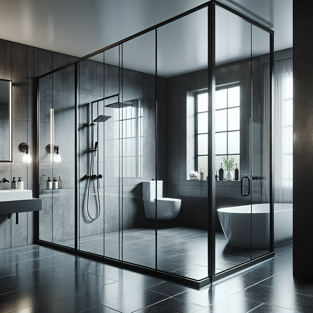 A chic, modern bathroom showcasing the elegance of matte black classic sliding shower doors. 