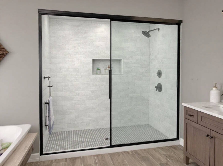 Alternative text: Professional bathroom sliding door installed in a modern, contemporary design near Rockland, MA.