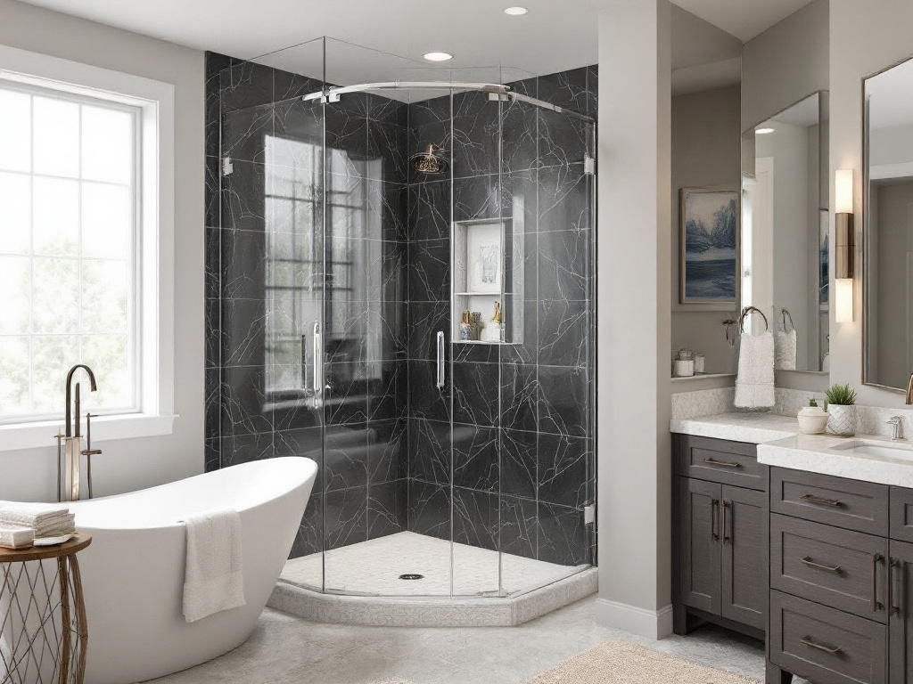 Modern bathroom rejuvenated through the installation of custom frameless glass shower doors in Boston.