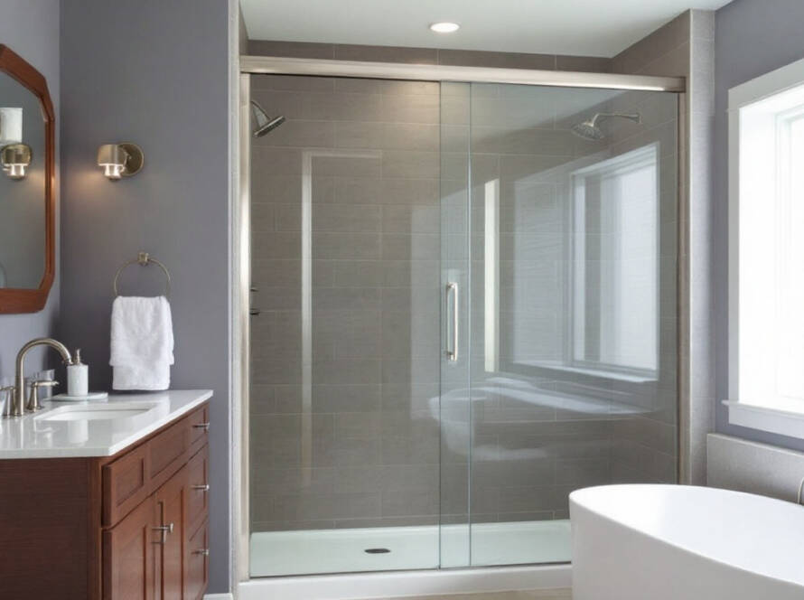 A modern sliding shower door installation in Sherborn, MA.