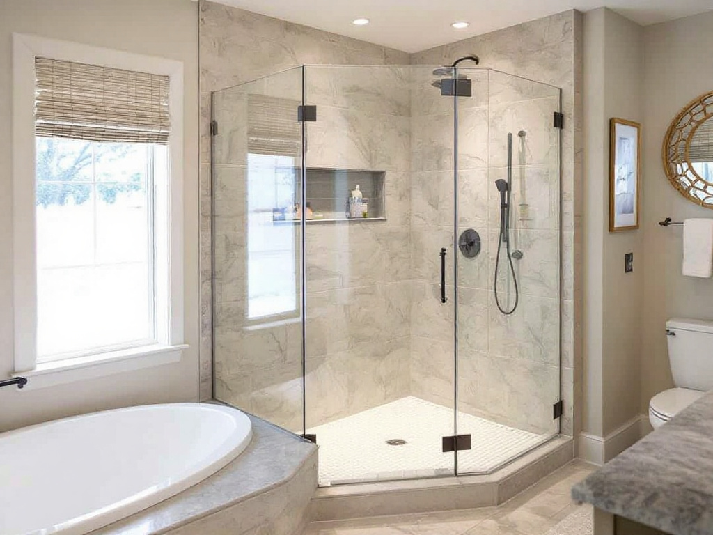 Elegant custom shower door design in a Boston home.