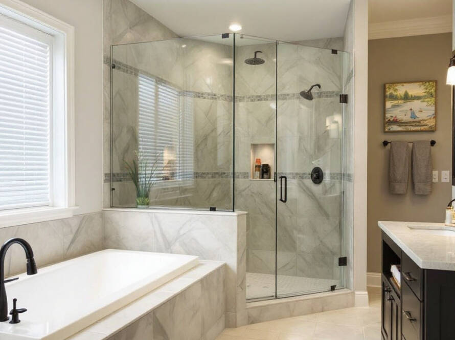 Alt Text: Specialist expertly crafting custom shower doors with modern contemporary design in Boston.