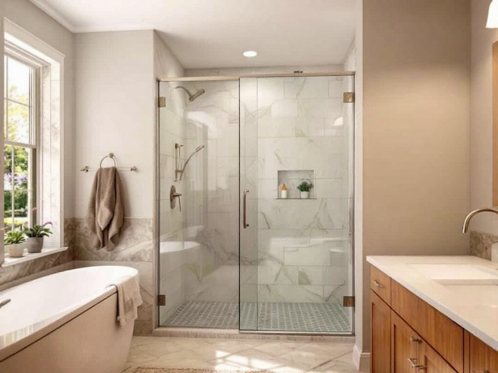 Image of a recently installed sliding shower door by professional installers in Sherborn, MA.