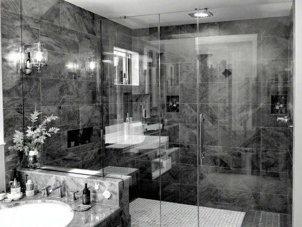 Modern custom-made frameless shower enclosure transforming a bathroom near Natick, MA.